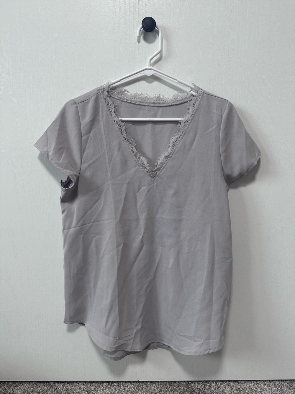 SHEIN Gray Lace-Trim V-Neck Blouse